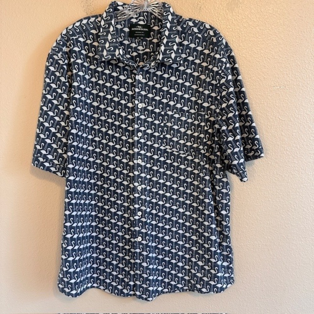 Rodd & Gunn Men's Blue Flamingo Print Cotton Button Up Shirt 2X Short Sleeve - Picture 2 of 8
